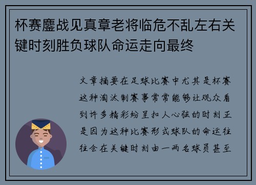 杯赛鏖战见真章老将临危不乱左右关键时刻胜负球队命运走向最终